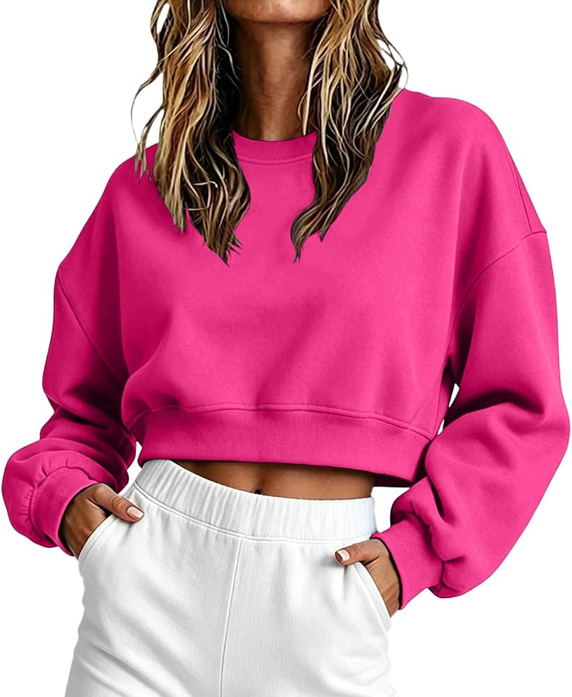 Womens Cropped Sweatshirt Oversized Crewneck Boxy Crop Pullover Casual Athleisure Top | Amazon (US)