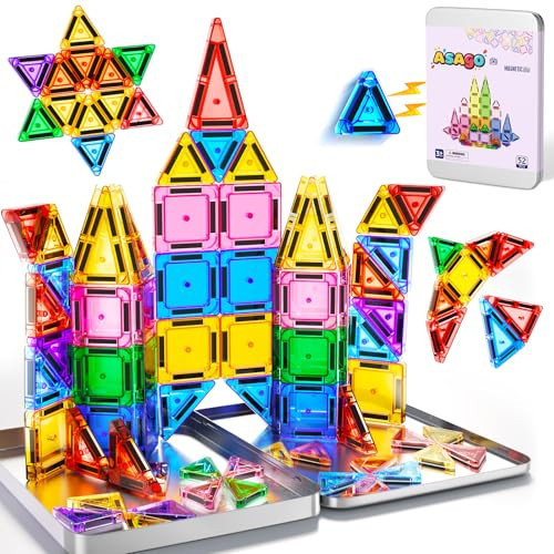 Asago 52PCS Mini Magnetic Tiles for Toddlers,Travel Magnatiles with Iron Case for Kids,Micro Magnatiles Building Toys Set for Age 3+ Birthday Gift Toys for Boys | Amazon (US)