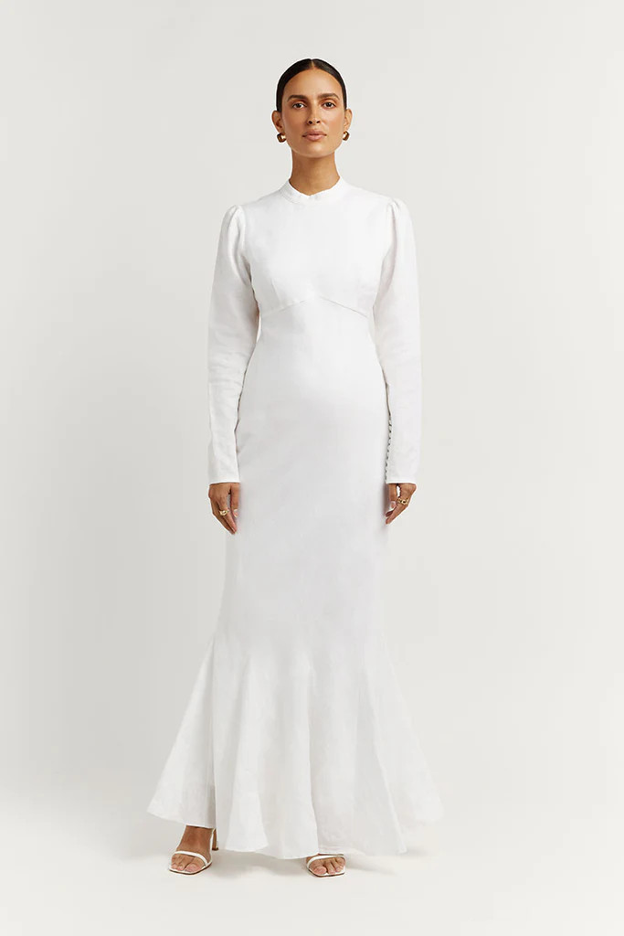 AISLE WHITE LINEN SLEEVE MIDI DRESS | DISSH