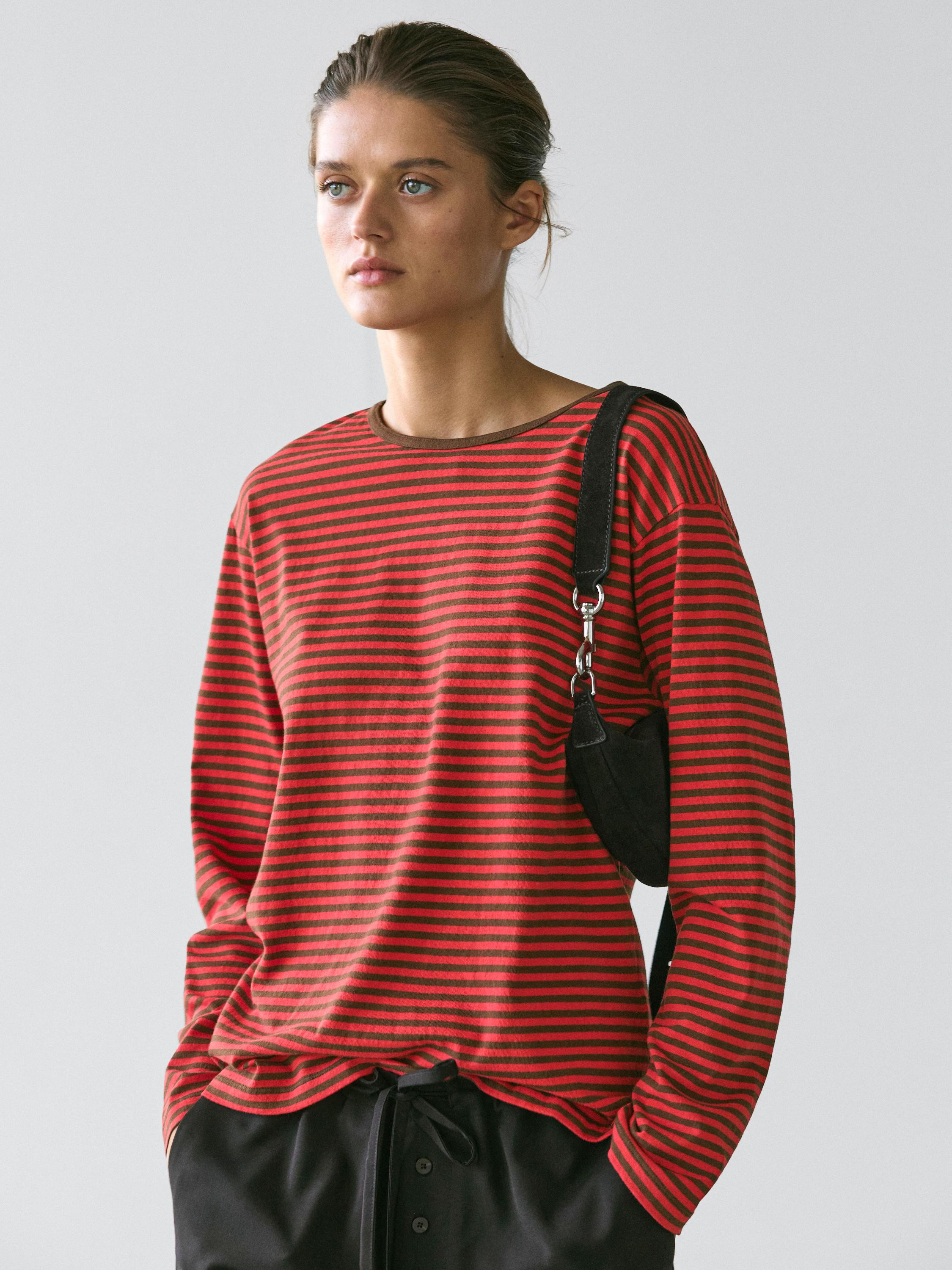 Striped long sleeve cotton T-shirt | Massimo Dutti UK