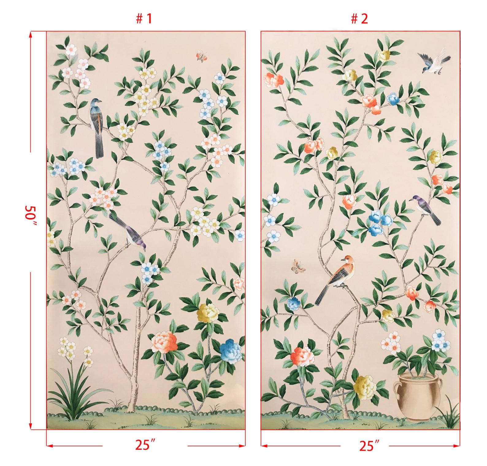 25" x 50" Chinoiserie Handpainted Silk Artwork on Pale Pink Spun Silk | Etsy (US)