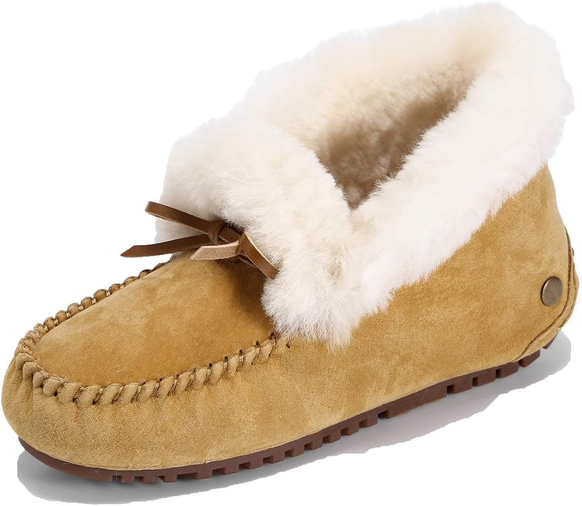 U-lite Women's Moccasin Slippers with Warm Wool Lining, Pigskin Leather Non-Slip Rubber Sole for ... | Amazon (US)