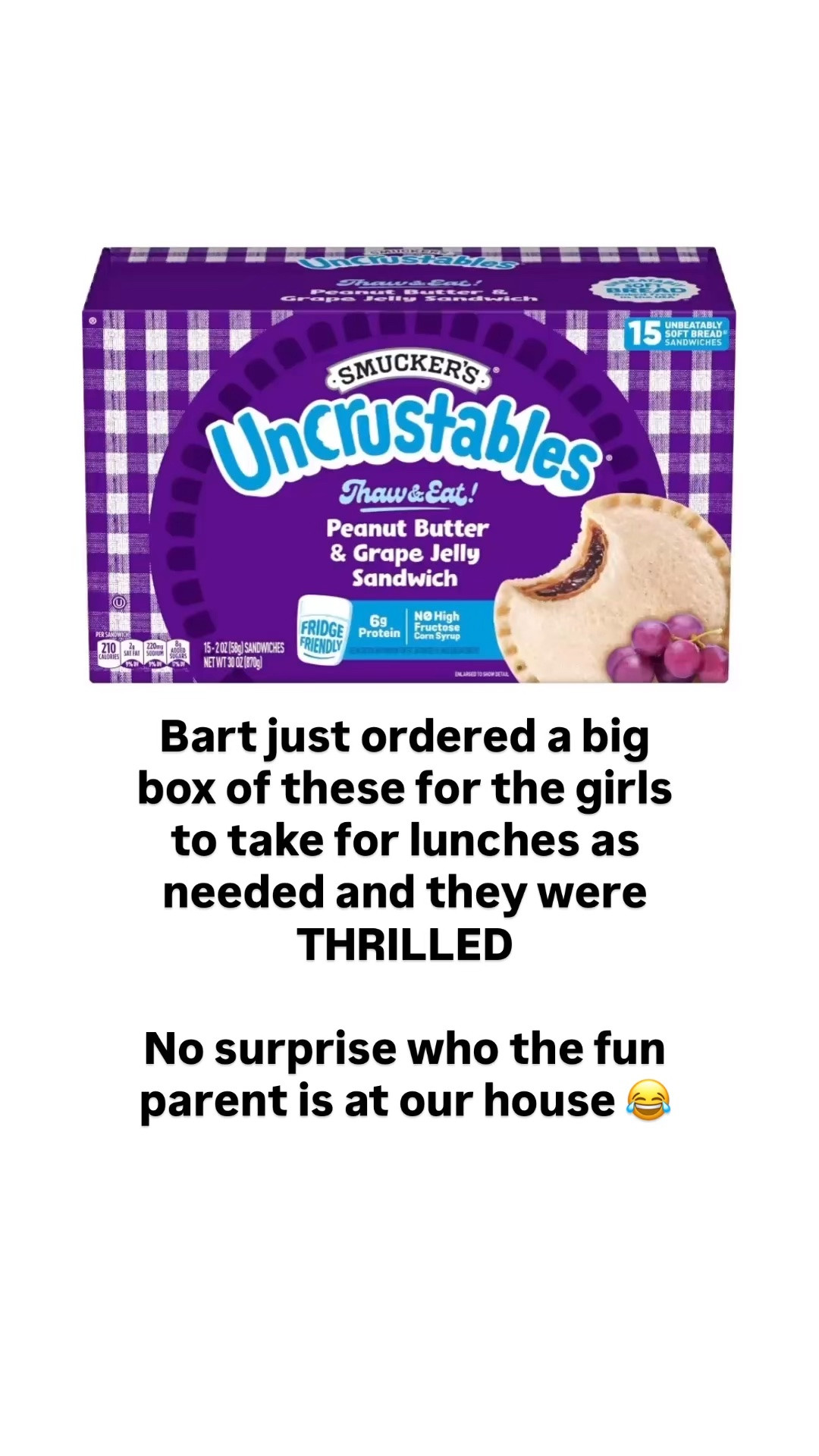 My husband just ordered a big box of Uncrustables for our girls for packed lunches and they were THRILLED!
He’s definitely the fun parent 😂

#LTKKids
