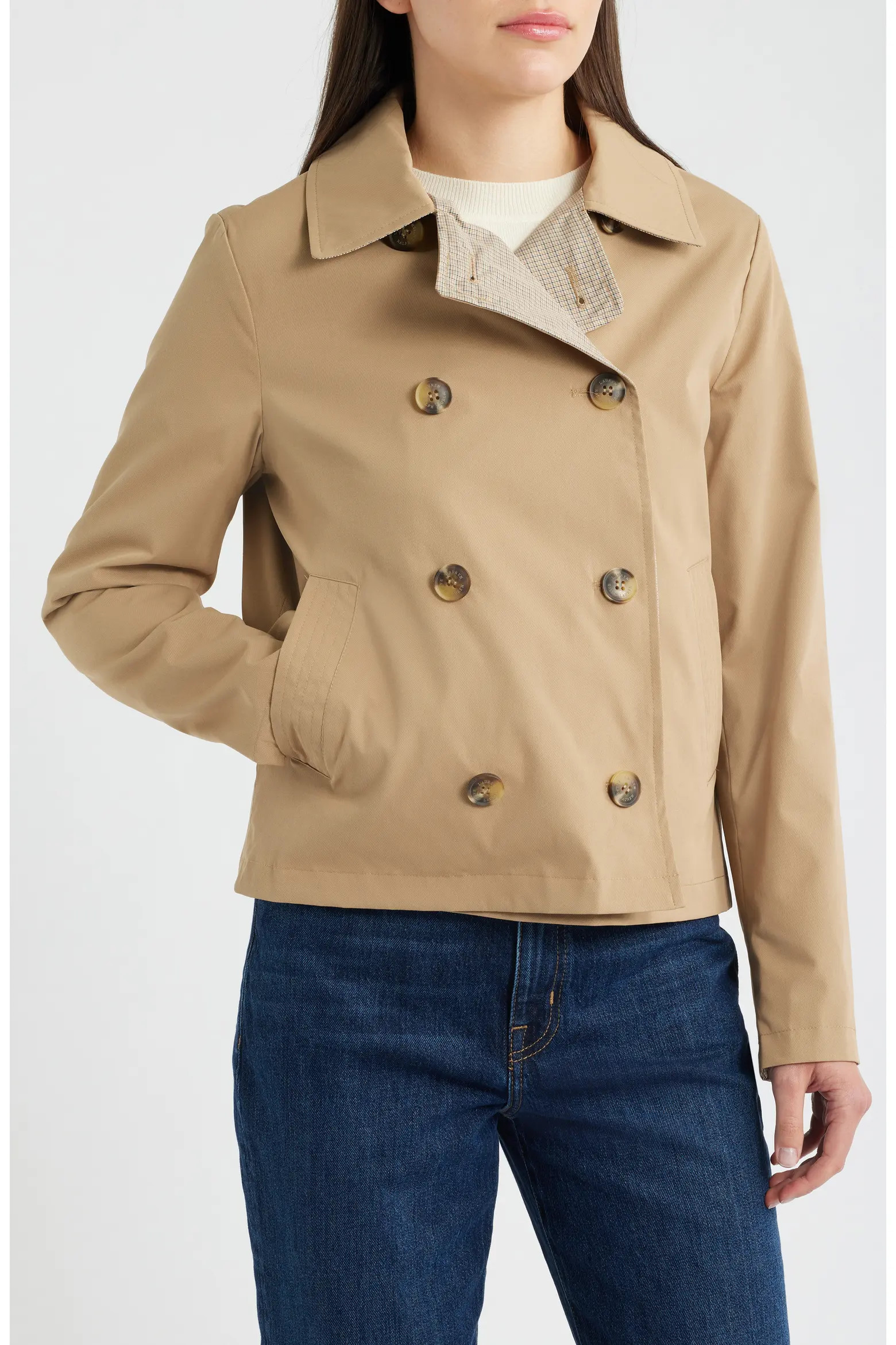Lauren Ralph Lauren Reversible Crop Double Breasted Rain Jacket (Women) | Nordstrom | Nordstrom