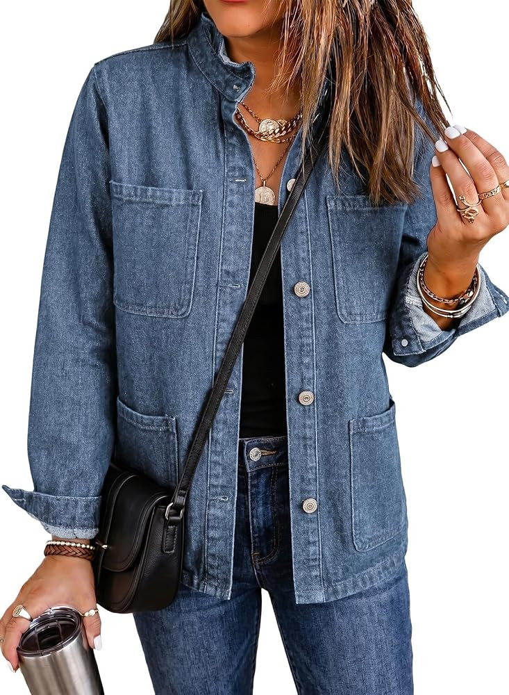 Dokotoo Womens Button Down Ruffle Casual Oversized Cropped Jean Jacket | Amazon (US)