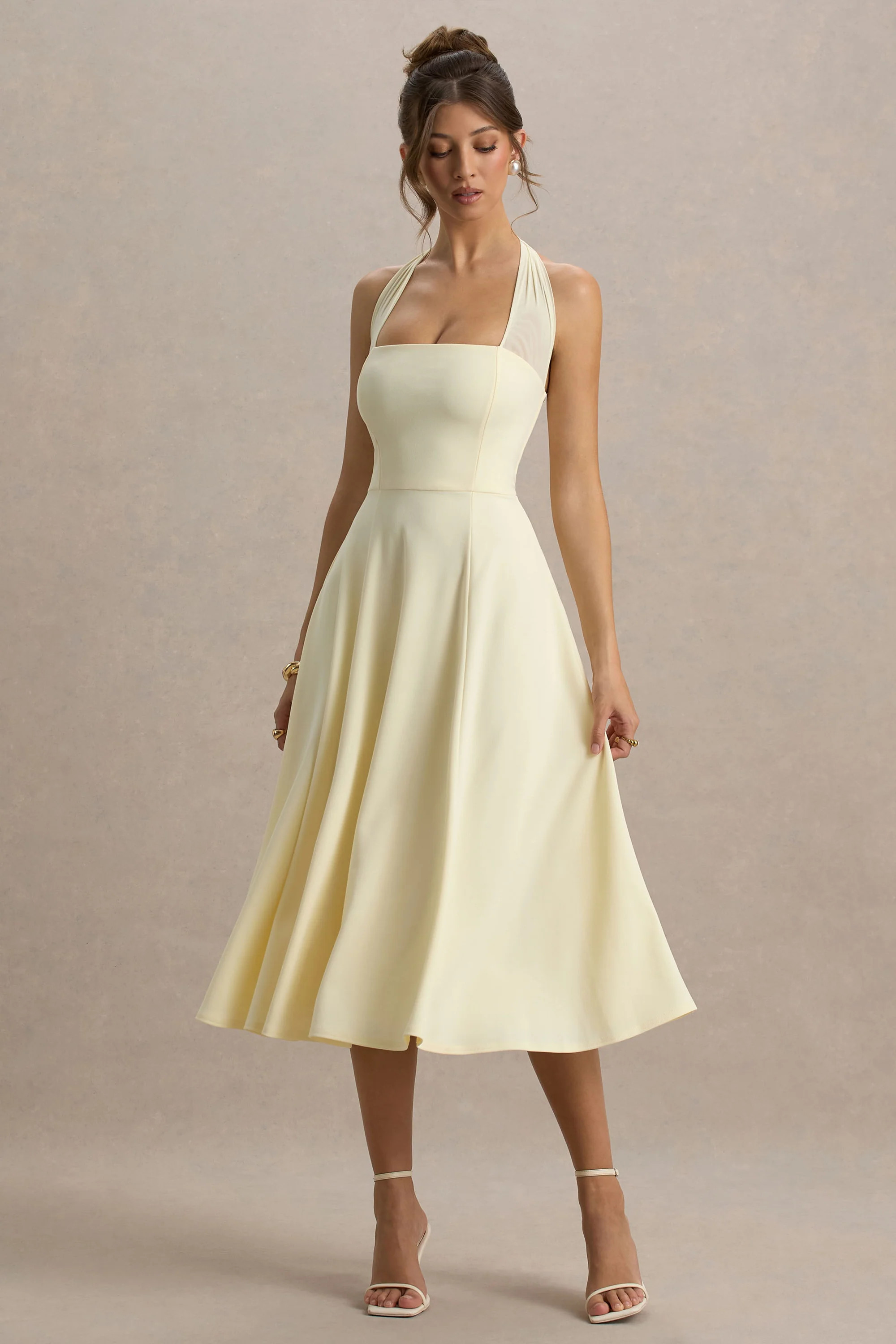 Auburn | Pale Lemon Halter-Neck Midi Dress | Club L London