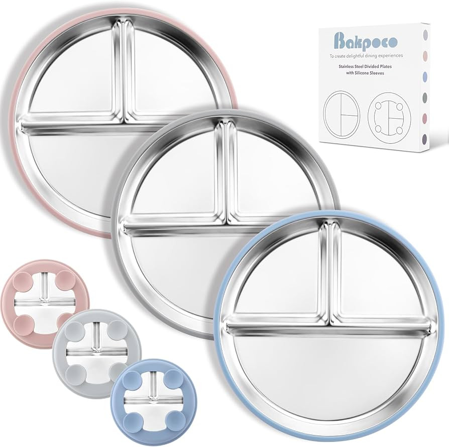 Stainless Steel Suction Plates for Toddlers, 9" Divided Kids Baby Plates with Removable Silicone ... | Amazon (US)