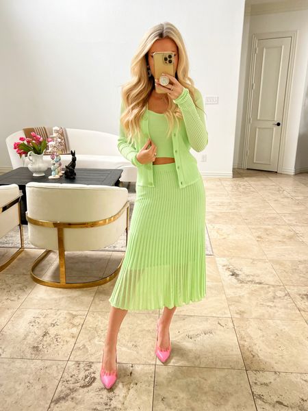 Walmart fashion. Spring outfit. Lime green outfit. Sweater set. Midi skirt. Pink heels 

#LTKSeasonal #LTKshoecrush