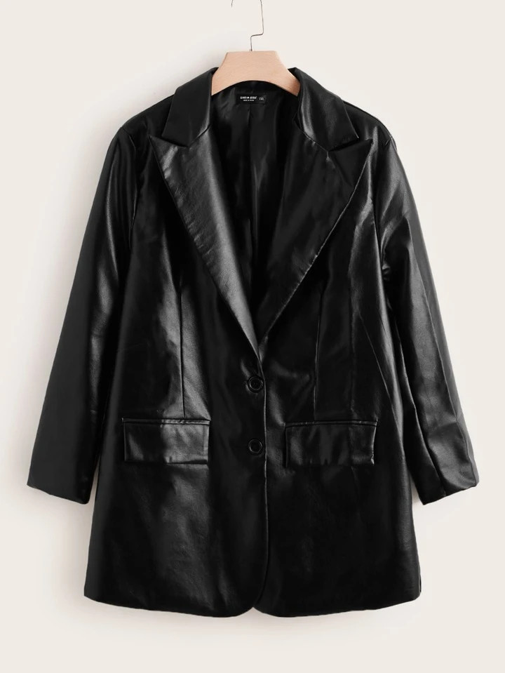 SHEIN Clasi Plus Peak Collar PU Leather Blazer | SHEIN