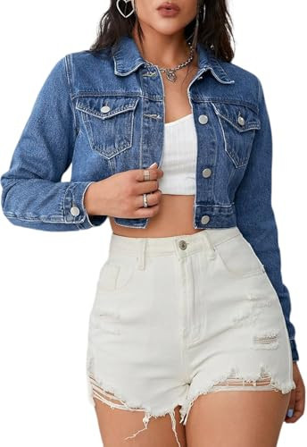 JerXox Women's Cropped Denim Washed Distressed Button Down Long Sleeve Jean Jacket Coats | Amazon (US)