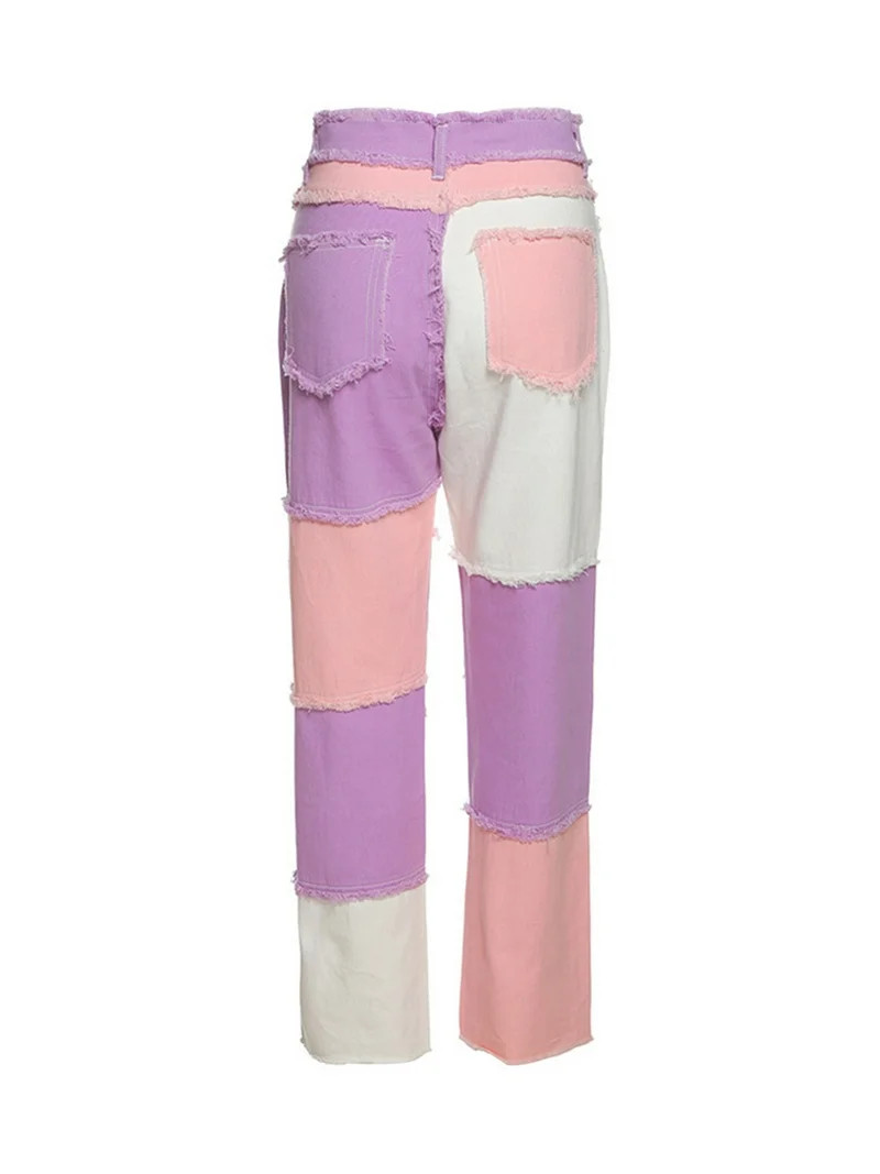 Bagilaanoe Women's Patchwork Color Block Jeans High Waist Ripped Straight Denim Trousers Long Pan... | Walmart (US)