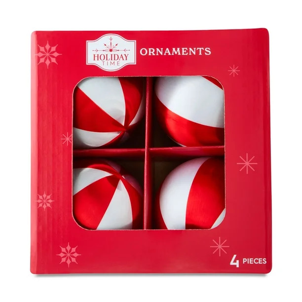 4 Count Red and White Stripe Ball Christmas Ornaments, 3.5", by Holiday Time | Walmart (US)