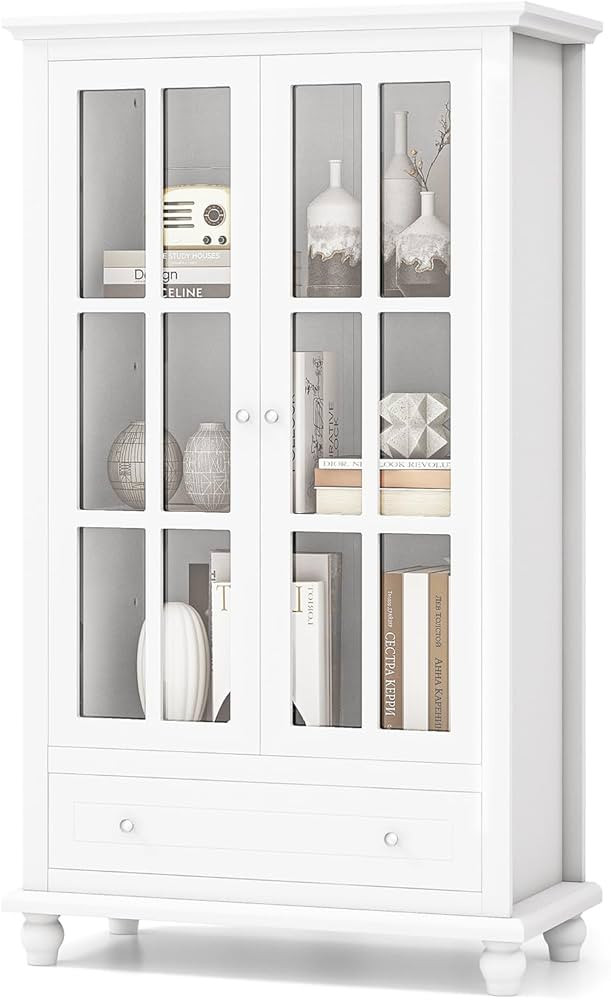 Giantex 55" White Bookcase with Doors and Drawer, Tall Wooden Bookshelf Organizer with Adjustable... | Amazon (US)