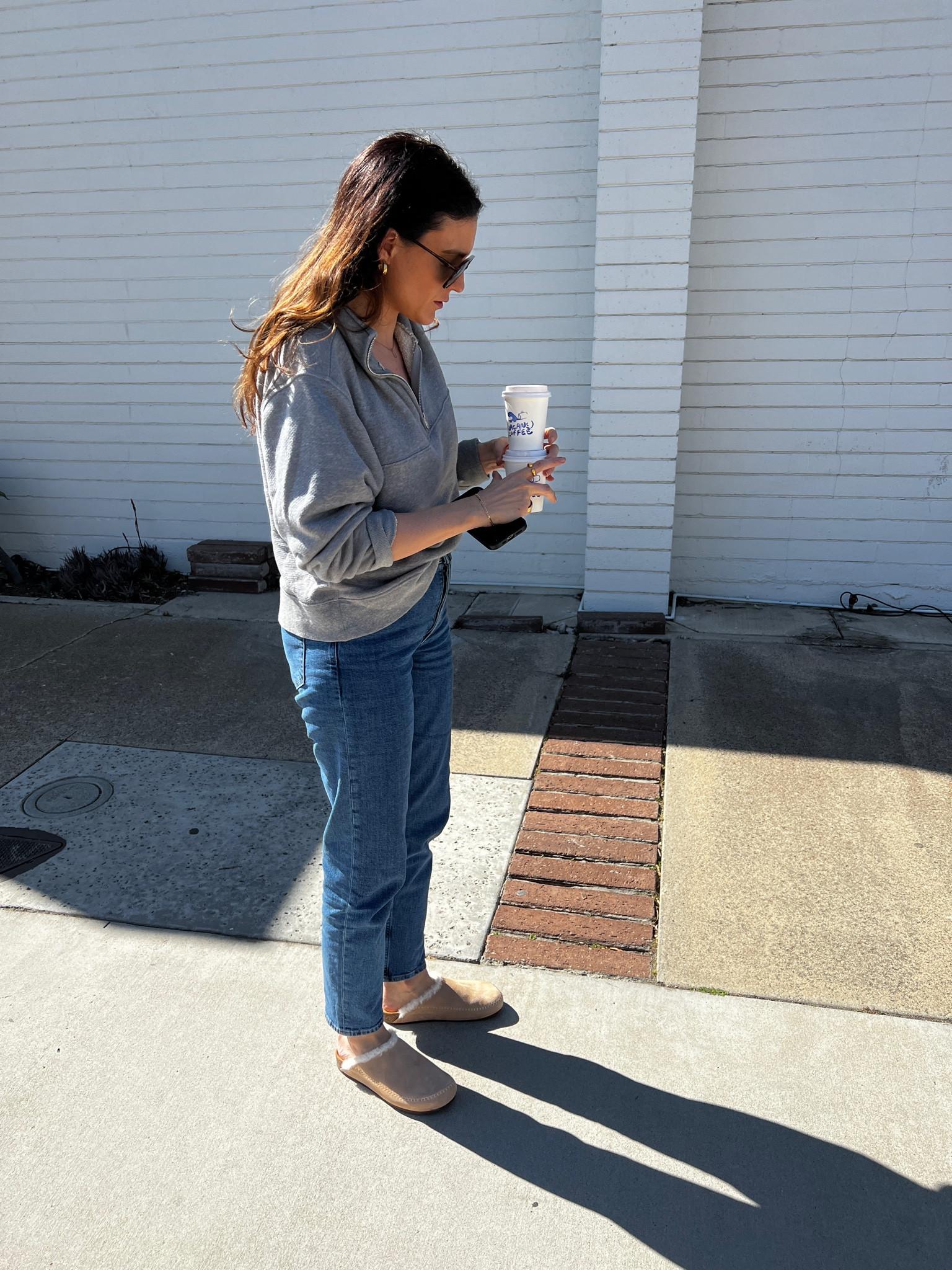 Jenni Kayne half zip sweatshirt (size medium) + mocs outfit (code ALYSSA15 gets you 15% off at Jenni Kayne)