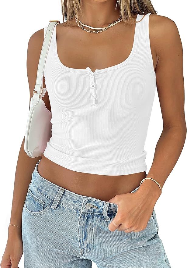 Cioatin Women Button Down Scoop Neck Henley Crop Tank Tops Y2K Sleeveless Strappy Ribbed Slim Fit... | Amazon (US)