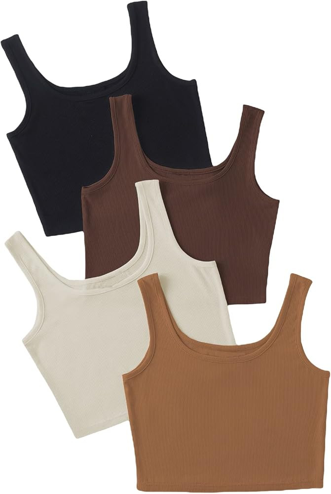 SheIn Women's 4 Pieces Scoop Neck Sleeveless Ribbed Knit Casual Tank Crop Top | Amazon (US)