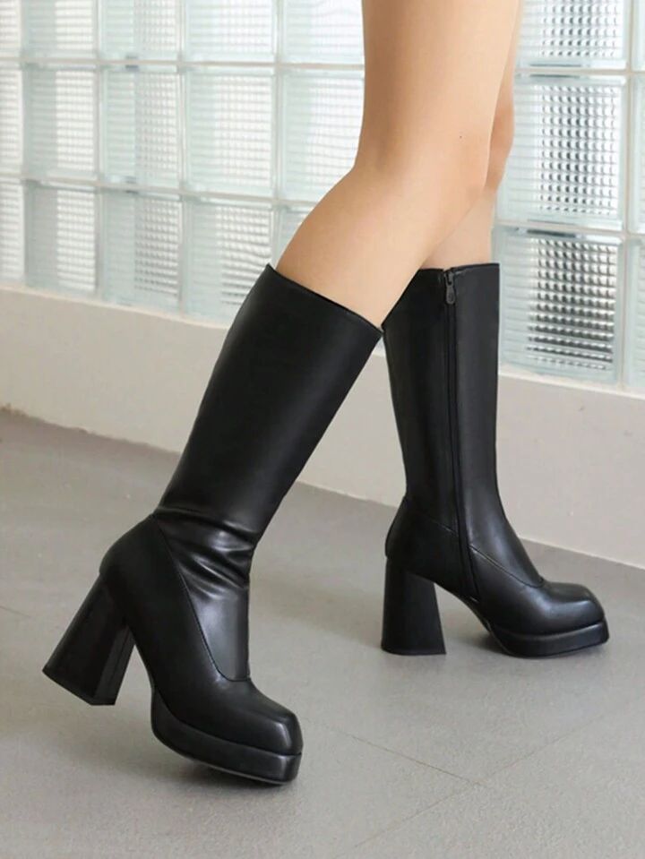Women's Boots 2023 New French Style Black Thick Leg Over The Knee High Boots With Thick Heel And ... | SHEIN