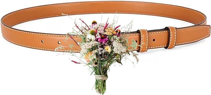 Womens Leather Belt With Gold Color Buckle, Soft Leather Waist Belt with Pin Buckle for Jeans Pan... | Amazon (US)