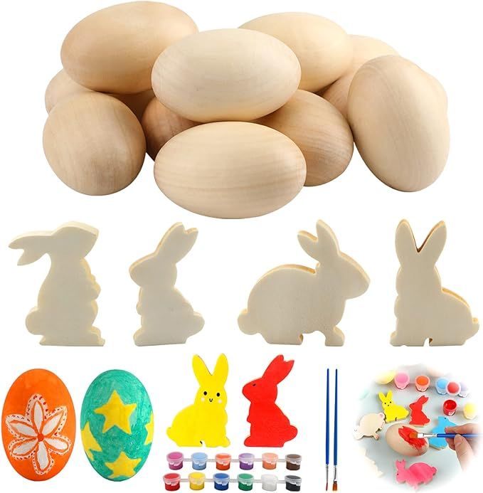 24 Pcs Wooden Easter Eggs and Bunny Paint Your Own Easter Egg and Bunny Unfinished Wood Crafts fo... | Amazon (US)