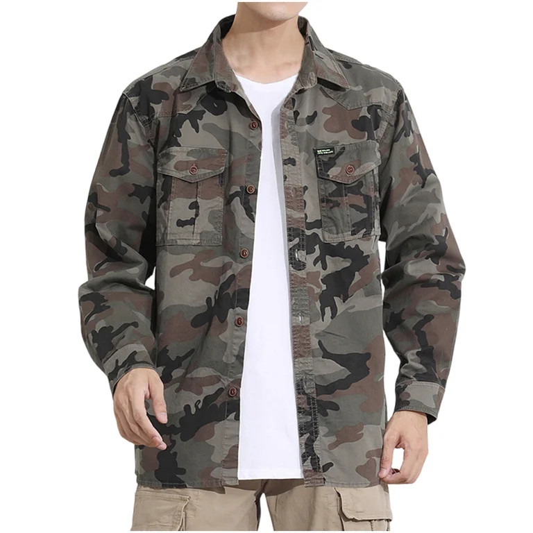 Men's Camouflage Shirt Jacket Casual Long Sleeves Button Down Military Jacket with Pockets Spring... | Walmart (US)