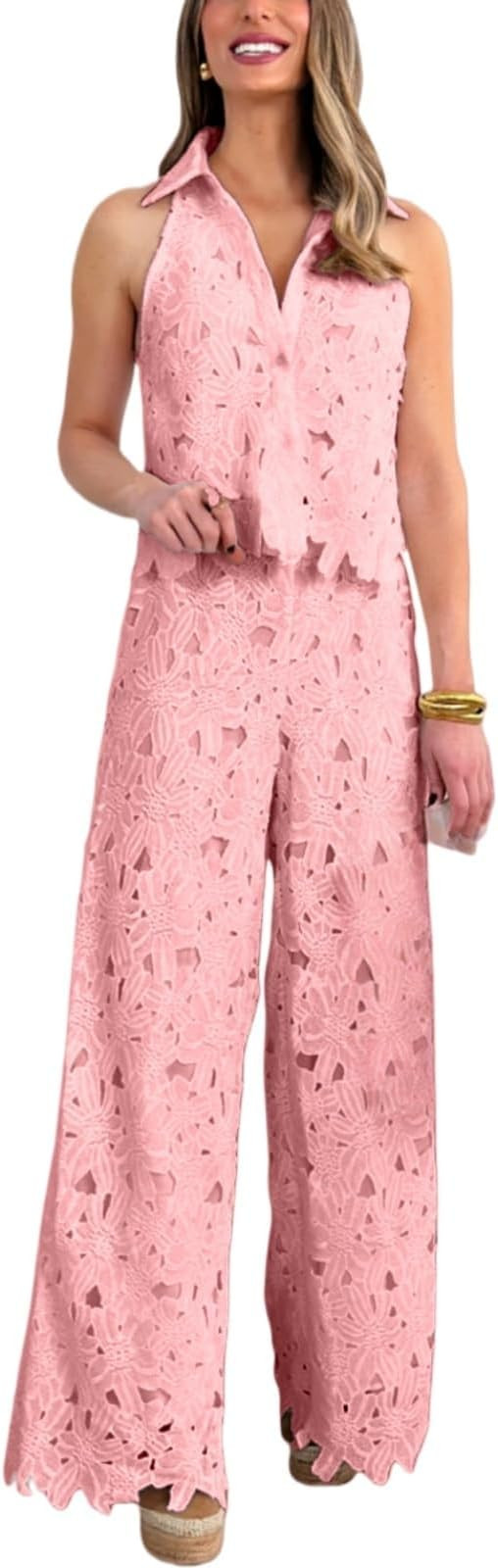 Women Two Piece Outfits Lapel Hollow Out Lace Vest Pants Set Floral Sleeveless Cropped Vest And W... | Amazon (US)