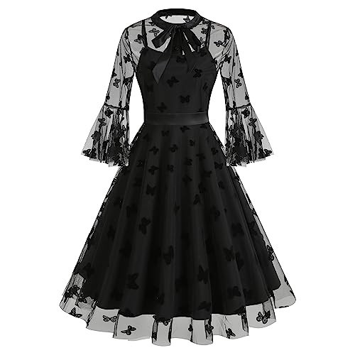 2 Piece Bow Tie Neck Butterfly Embroidery Dress for Women Sheer Mesh Butterfly Dress 3/4 Sleeve Tulle Prom Dress Short Butterfly Embroidered Dress Illusion Formal Cocktail Dresses Black-Butterfly L | Amazon (US)