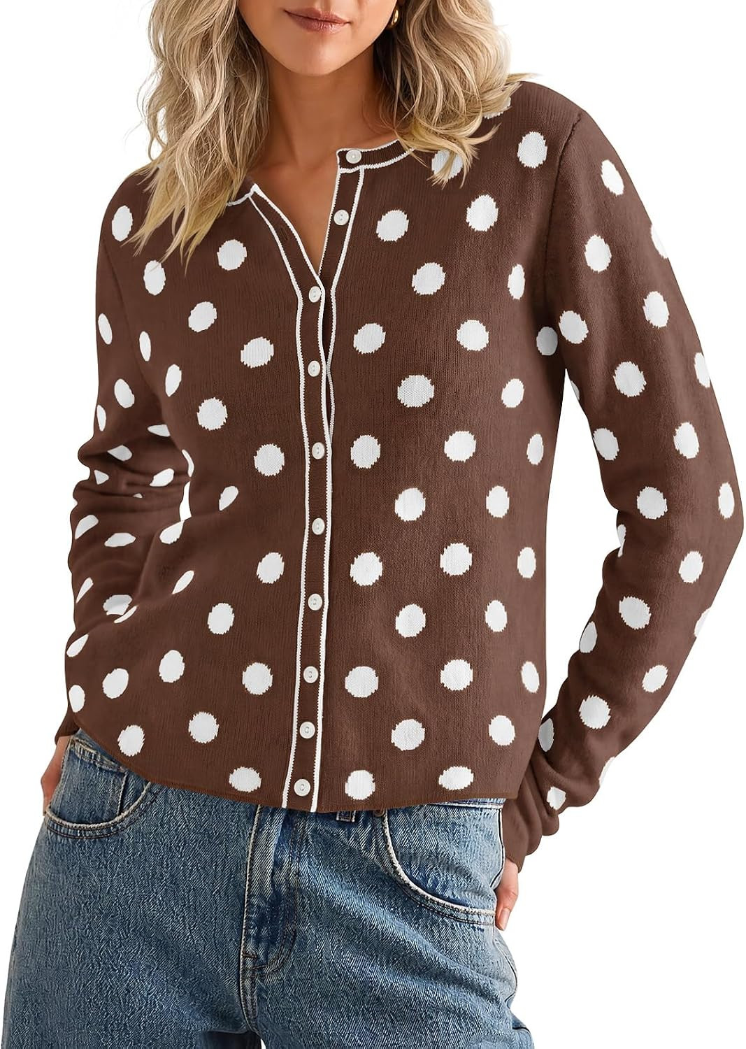 Saodimallsu Womens Button Up Cardigan Polka Dot Long Sleeve Sweater Top | Amazon (US)