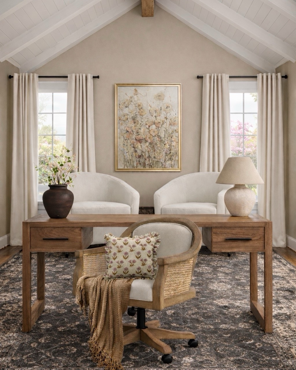 Home Office Refresh with Warm Wood + Neutral Textures
Follow @farmtotablecreations on Instagram for daily home decor + styling inspiration.

This cozy home office setup is such a beautiful blend of warm wood tones and soft, neutral layers. The oversized desk makes the perfect statement piece while still feeling timeless and inviting. Paired with boucle-style accent chairs, a textured swivel seat, and a vintage-inspired rug, this space feels elevated yet functional for everyday living. Finished with simple decor touches like a neutral lamp and a ceramic vase for that perfectly styled, designer look. Everything is linked for easy shopping!

#homeoffice #desk #officechair #area rug #neutraldecor #livingroomfurniture #pillows #rugs #homedecorfinds

#LTKHome #LTKSaleAlert