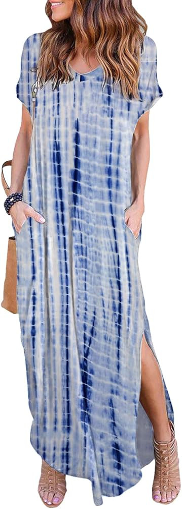 HUSKARY Women's Summer Maxi Dress Casual Loose Pockets Long Dress Short Sleeve Split | Amazon (US)