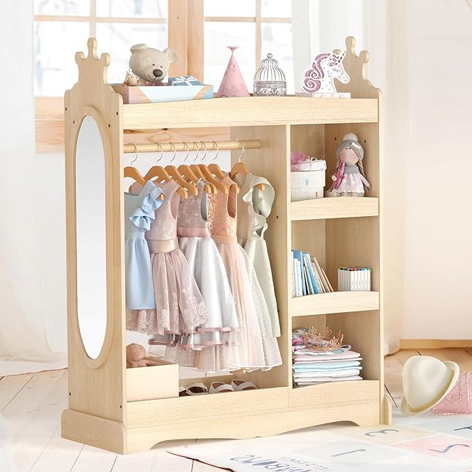 Kids Dress up Storage with Mirror, Kids Wardrobe with Storage & 3 Hooks, Kids Closet for Girls Bo... | Amazon (US)