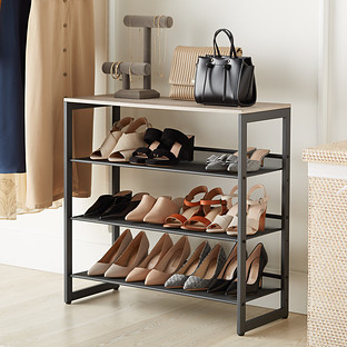 3-Tier Mesh Entryway Shoe Storage w/ Wood Top Graphite | The Container Store