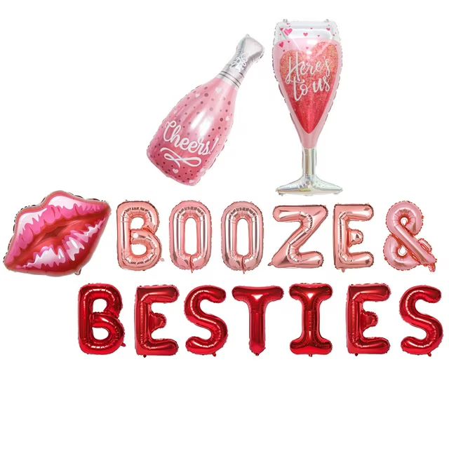 Booze & Besties Foil Balloon Kit Happy Galentine's Day Decorations Wine Bottle Glass Lips Foil Ba... | Walmart (US)