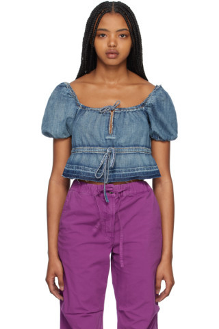 GANNI - Blue Tint Edge Denim Blouse | SSENSE