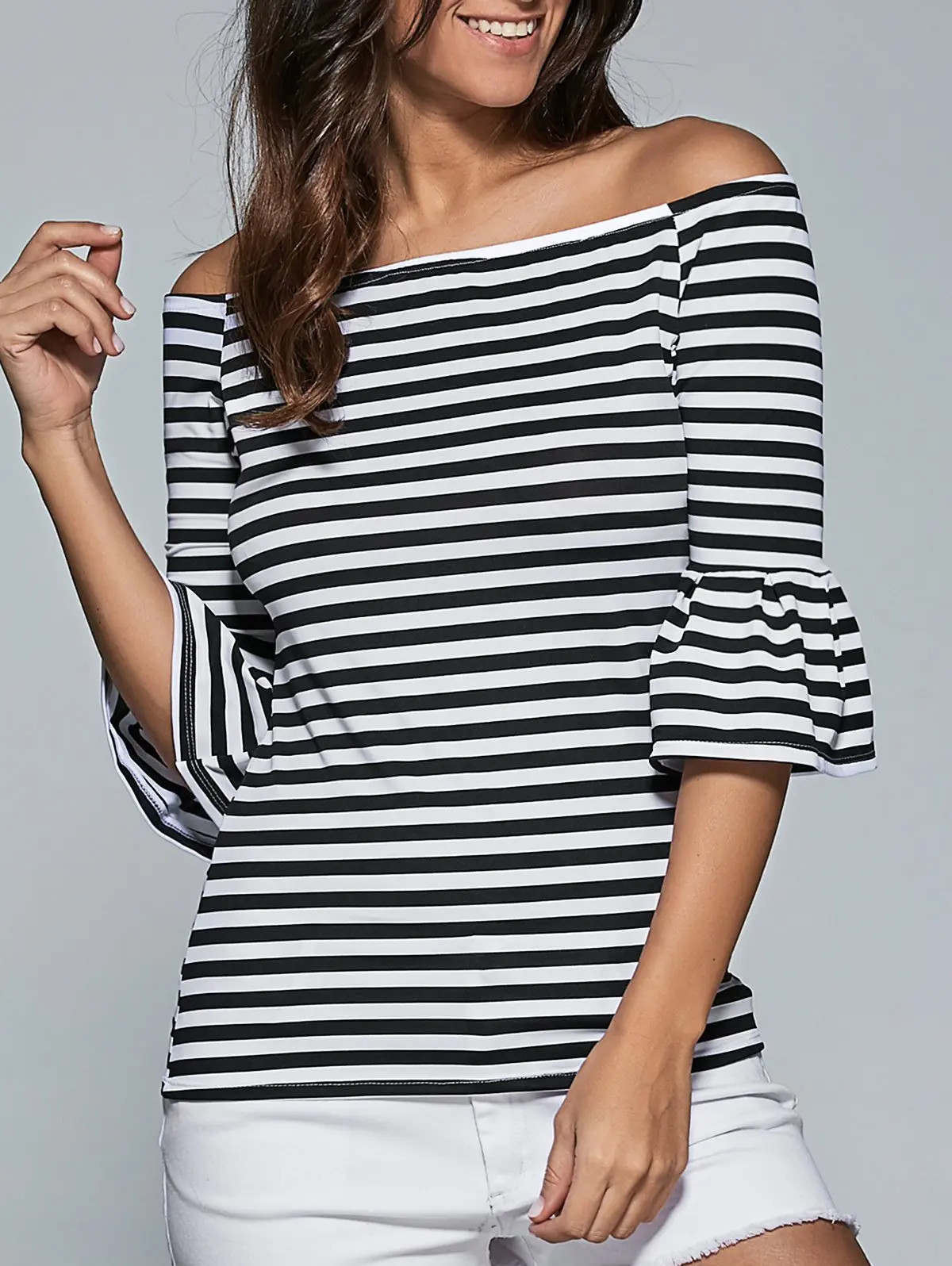 Bell Sleeves Striped Print T-Shirt | Rosegal US