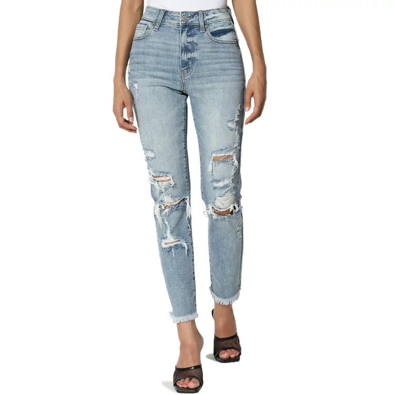 TheMogan Women's Tobi High Rise Distressed Relaxed Tapered Cropped Leg Mom Jeans | Walmart (US)