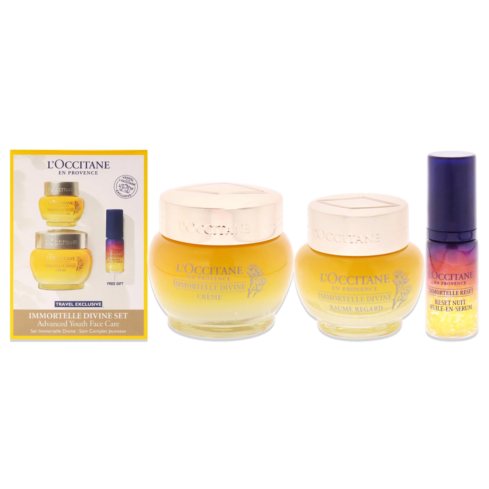 Immortelle Divine Set - Advance Youth Face Care by LOccitane for Unisex - 3 Pc 0.5oz Eye Balm, 1.7oz Cream, 0.16oz Oil-In-Serum | Shop Simon