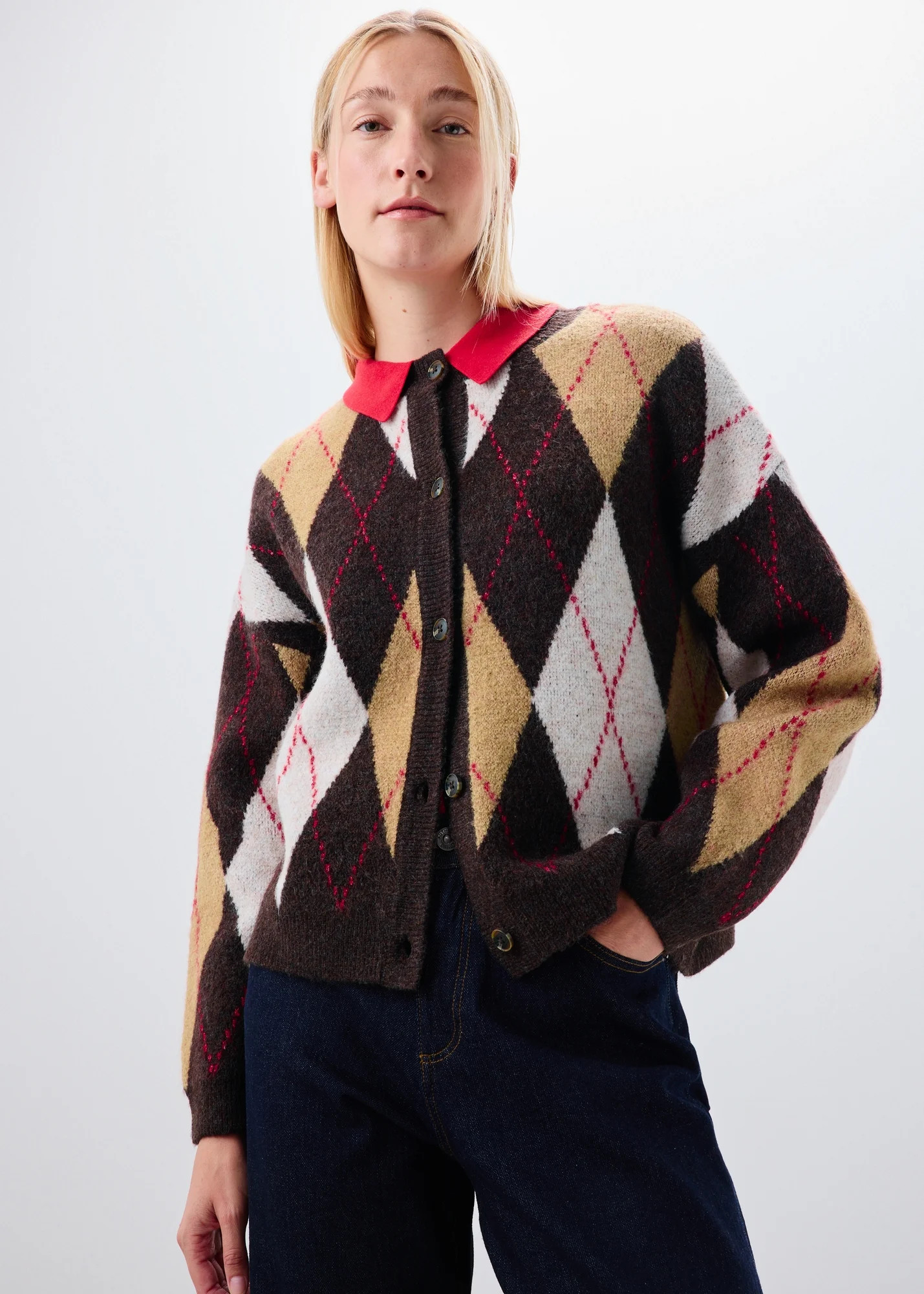 Brown Argyle Crew Neck Button Cardigan | Matalan (UK)