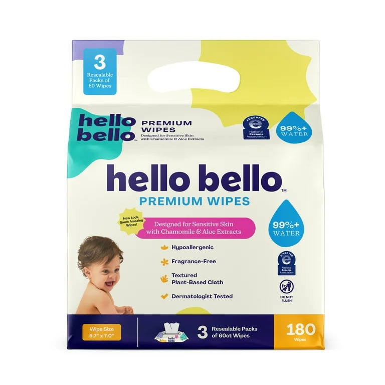 Hello Bello Premium Fragrance-Free Baby Wipes, 3 Flip-Top Pouches (180 Total Wipes) - Walmart.com | Walmart (US)