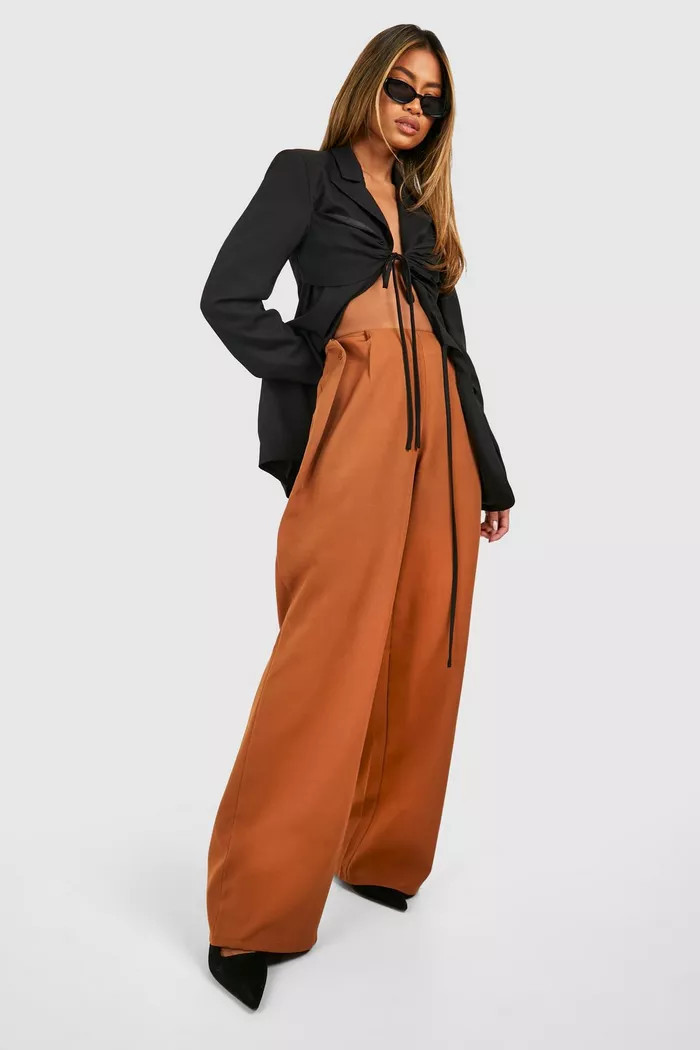 Waist Button Detail Wide Leg Pants | boohoo (US & Canada)