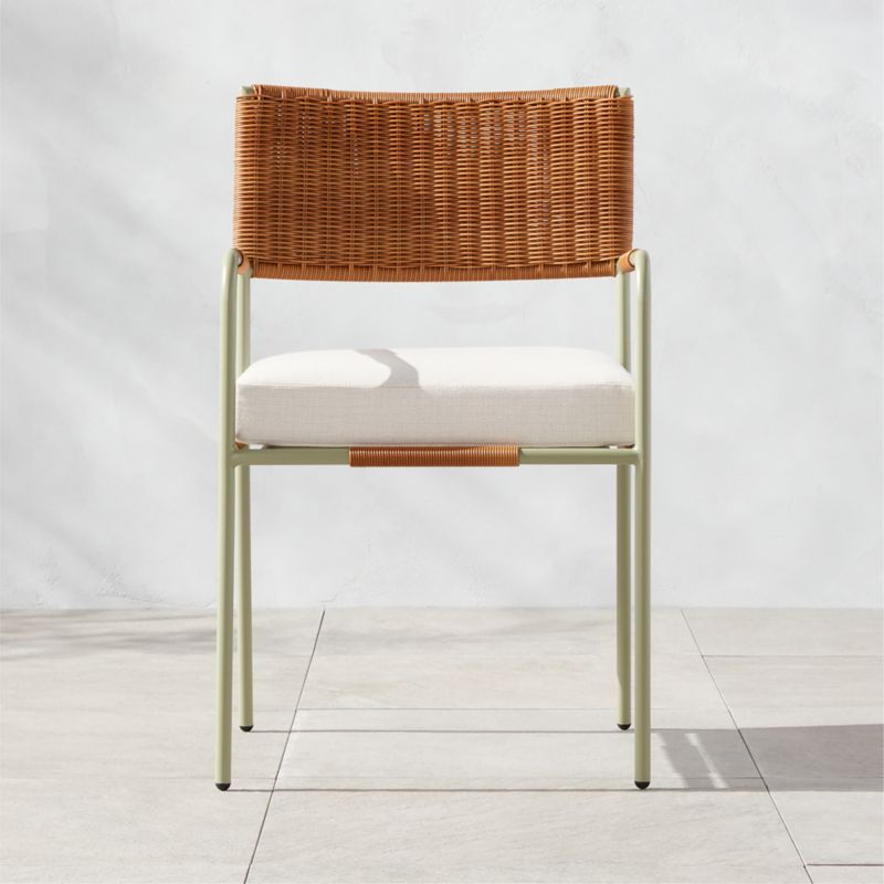 Colombe Modern Green Metal and Rattan Outdoor Dining Armchair with White Sunbrella Cushion | CB2 | CB2