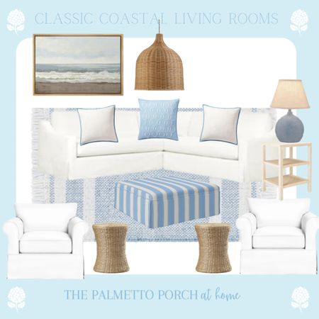 Classic coastal living room | blue & white | white sofa sectional | ottoman | lamp and ceiling light 

#LTKhome