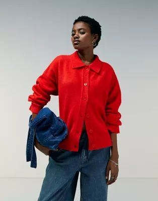 ASOS DESIGN knitted collar shirt cardigan in red | ASOS | ASOS (Global)