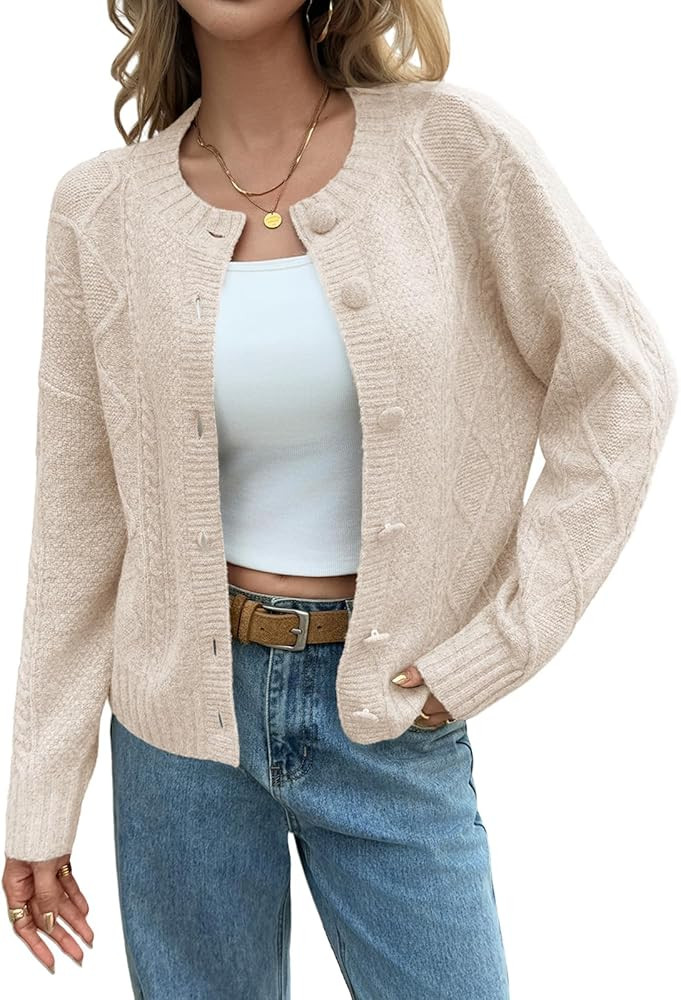 Saodimallsu Womens Cable Knit Cardigan Button Down Crew Neck Long Sleeve Loose Fall Trendy Sweate... | Amazon (US)