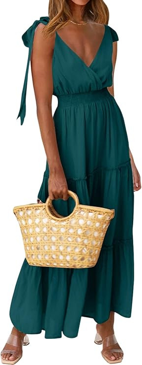 PRETTYGARDEN Women's Cross Neck Summer Sleeveless Tiered Maxi Dress Beach Tie Strap Smocked Long ... | Amazon (US)