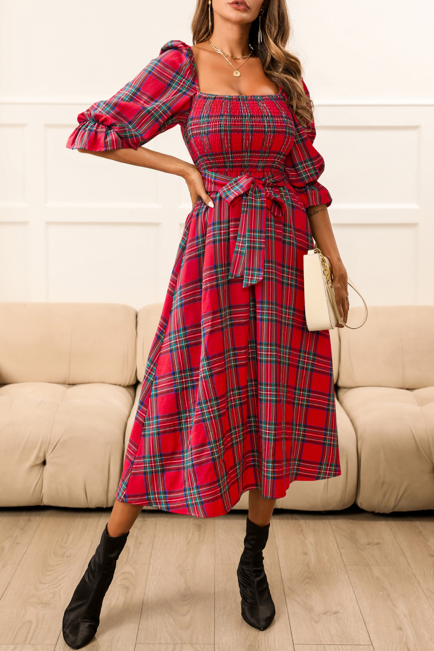 Red Belted Plaid Ruched Dress | Cupshe UK