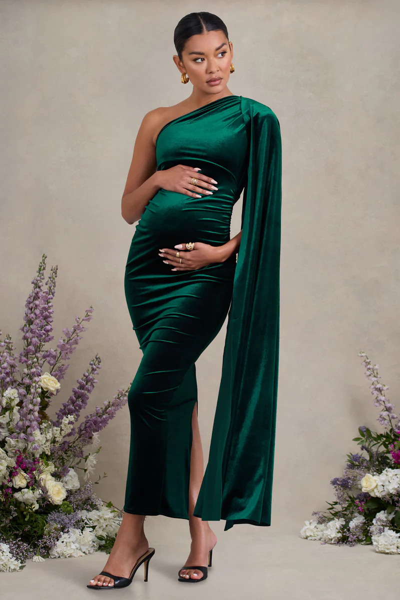 Amaryllis  Bottle Green Velvet Maternity One Shoulder Maxi Dress with Cape Sleeve | Club L London
