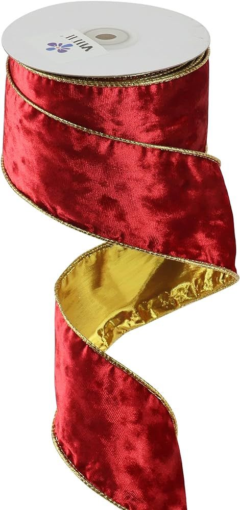 MEEDEE Crushed Red Velvet Ribbon with Gold Back Double Sided Christmas Wired Ribbon 2.5 Inch Velv... | Amazon (US)