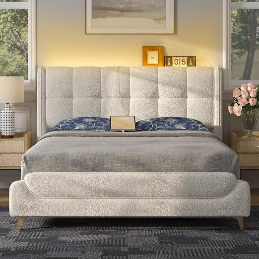 Novilla Queen Bed Frame with Charging Station & LED Lights, Upholstered French Luxury Platform Be... | Amazon (US)