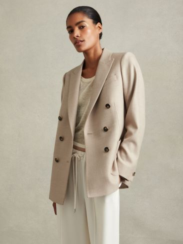 Wool Blend Double Breasted Blazer in Neutral | Reiss UK