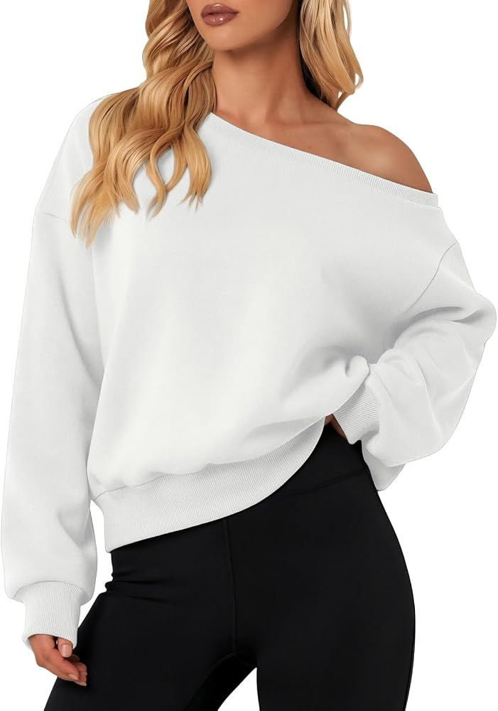 ATHMILE Womens Off the Shoulder Sweatshirt Fleece Long Sleeve Crop Top | Amazon (US)